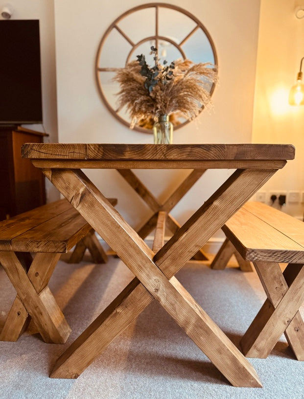 Knotwood Dining Table set - X Frame Legs - Handmade Rustic Industrial